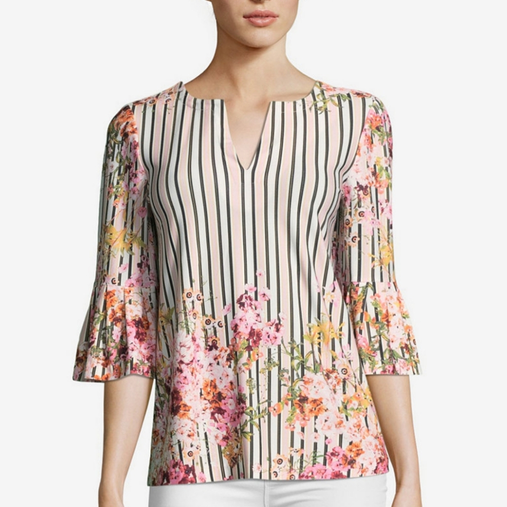 ECI Striped Floral Print Top w/ Tulip Style 3/4 Sleeves sz XL